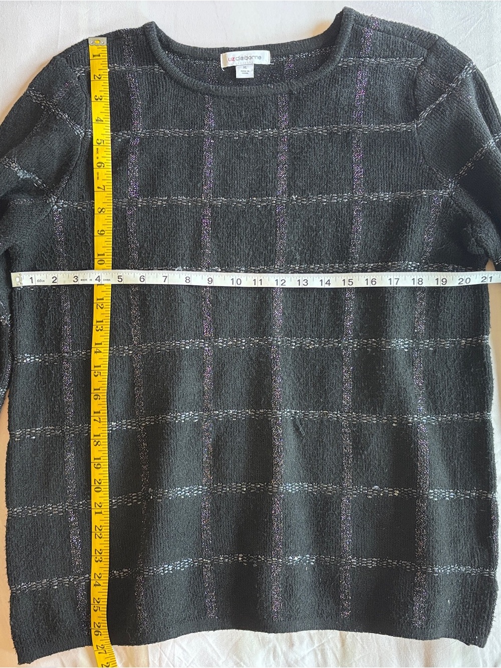 Liz Claiborne Black Crewneck Sweater with Purple Windowpane Accents